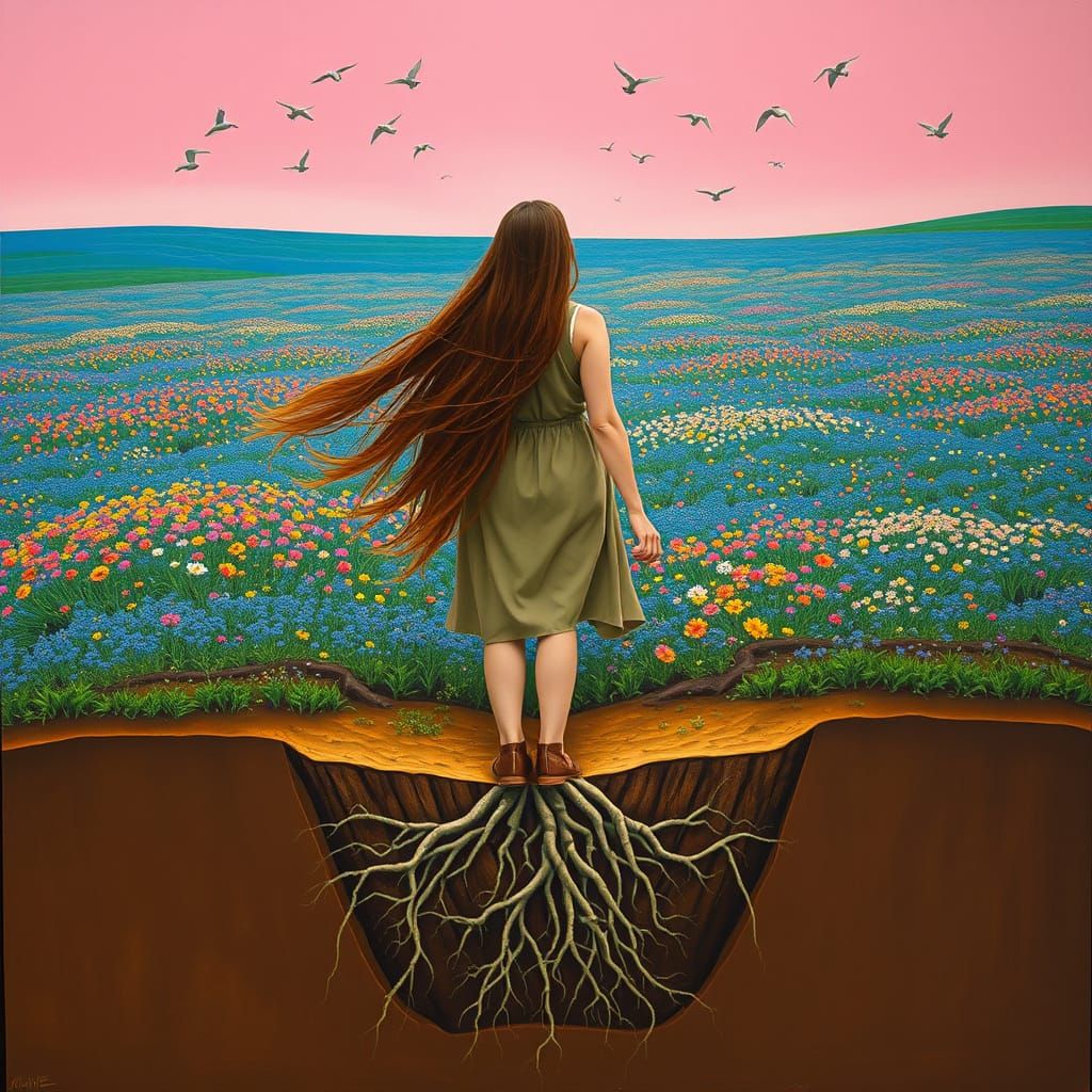 Woman Among Wildflowers in Vibrant Blue Meadow