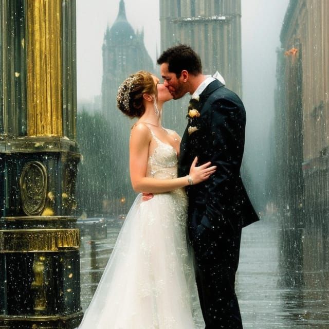 Klimt-Inspired Wedding Kiss in Rainy City