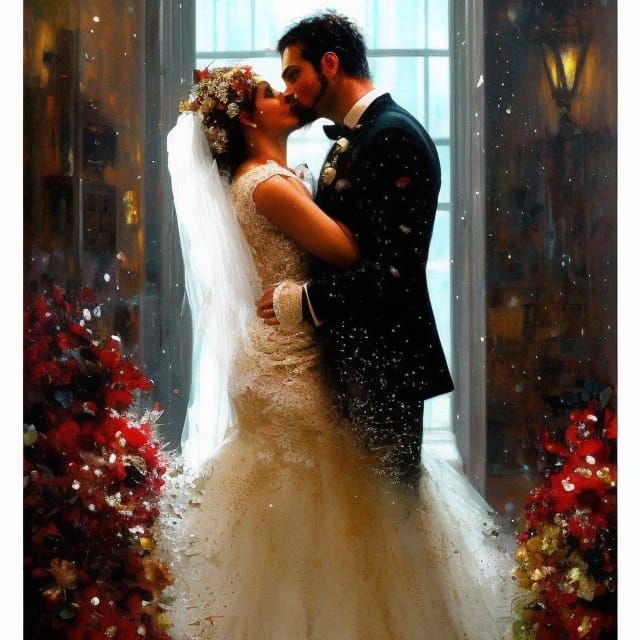 Romantic Klimt-Inspired Wedding Kiss in the Rain