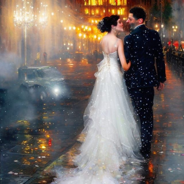 Groom Kissing Bride in Rainy City, Klimt Style