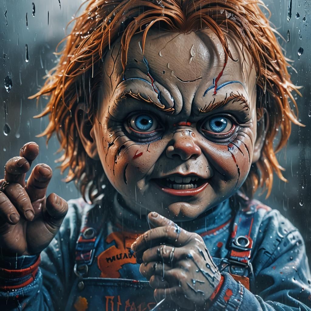 Chucky Writing Melissa on Foggy Window in Dark Fantasy