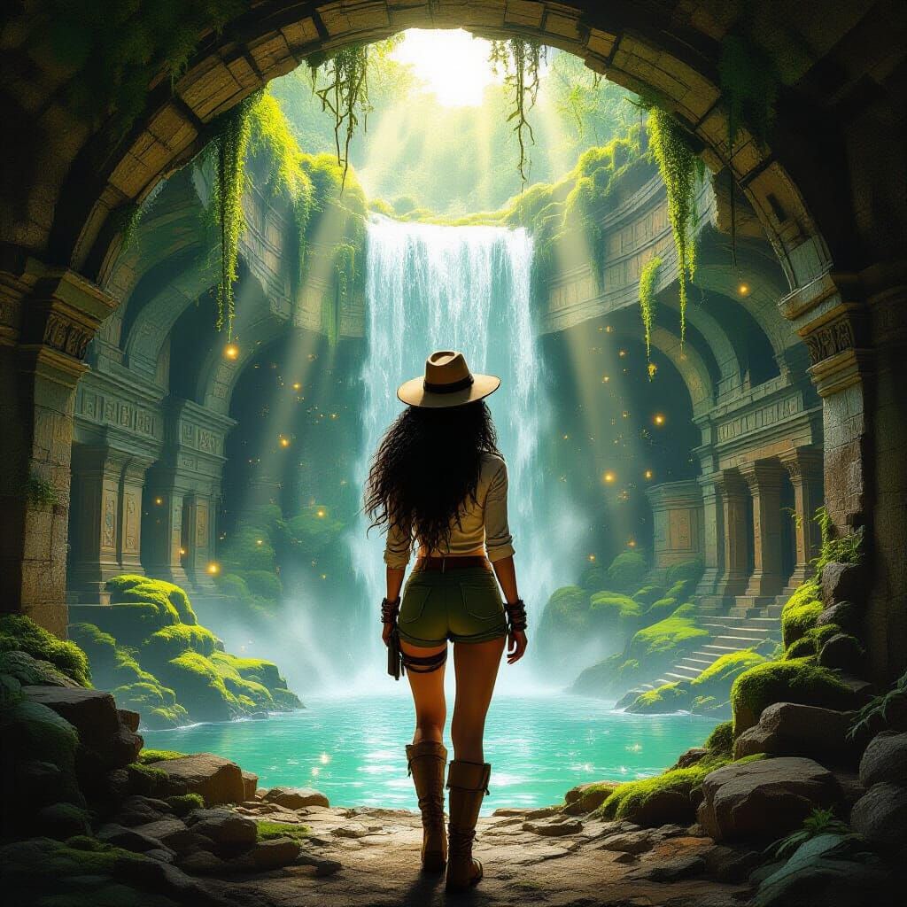 Adventurer in Lush Ancient Underground City with Waterfall