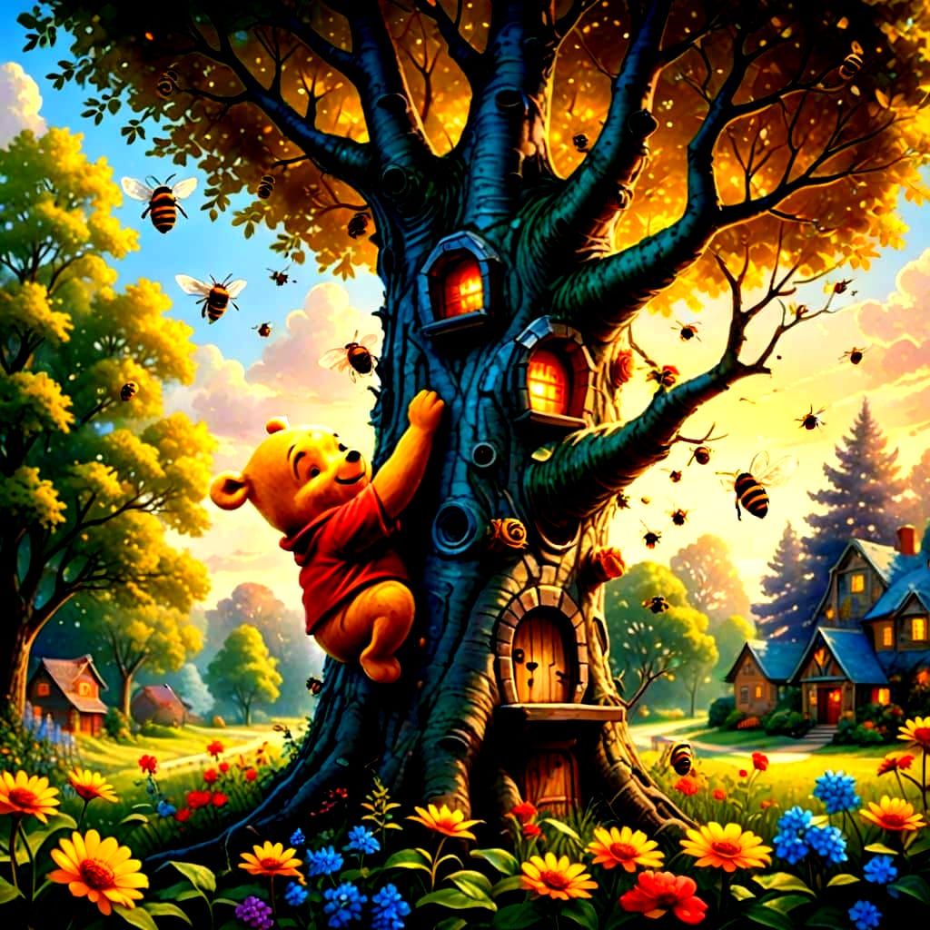 Whimsical Winnie the Pooh in a Colorful Bee Hive