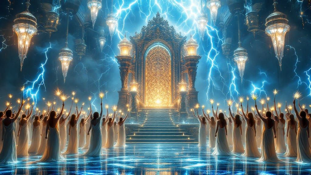 Electric Throne Room with Palm-Bearing Crowd