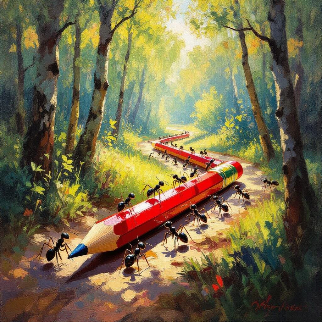 Impressionist Ants Carry Giant Pencil Through Forest Floor