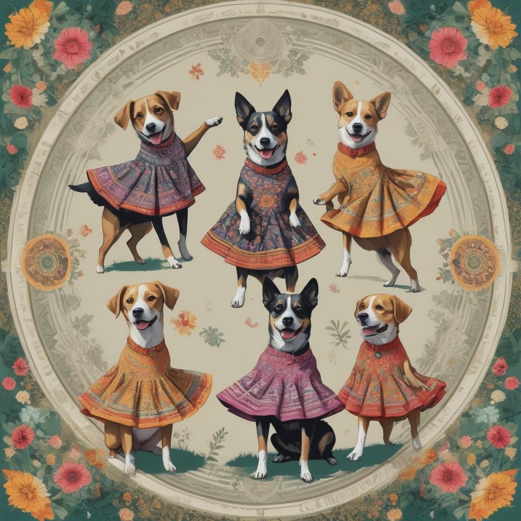 Dogs Dancing in Garden: Gouache Mandala Pop Art