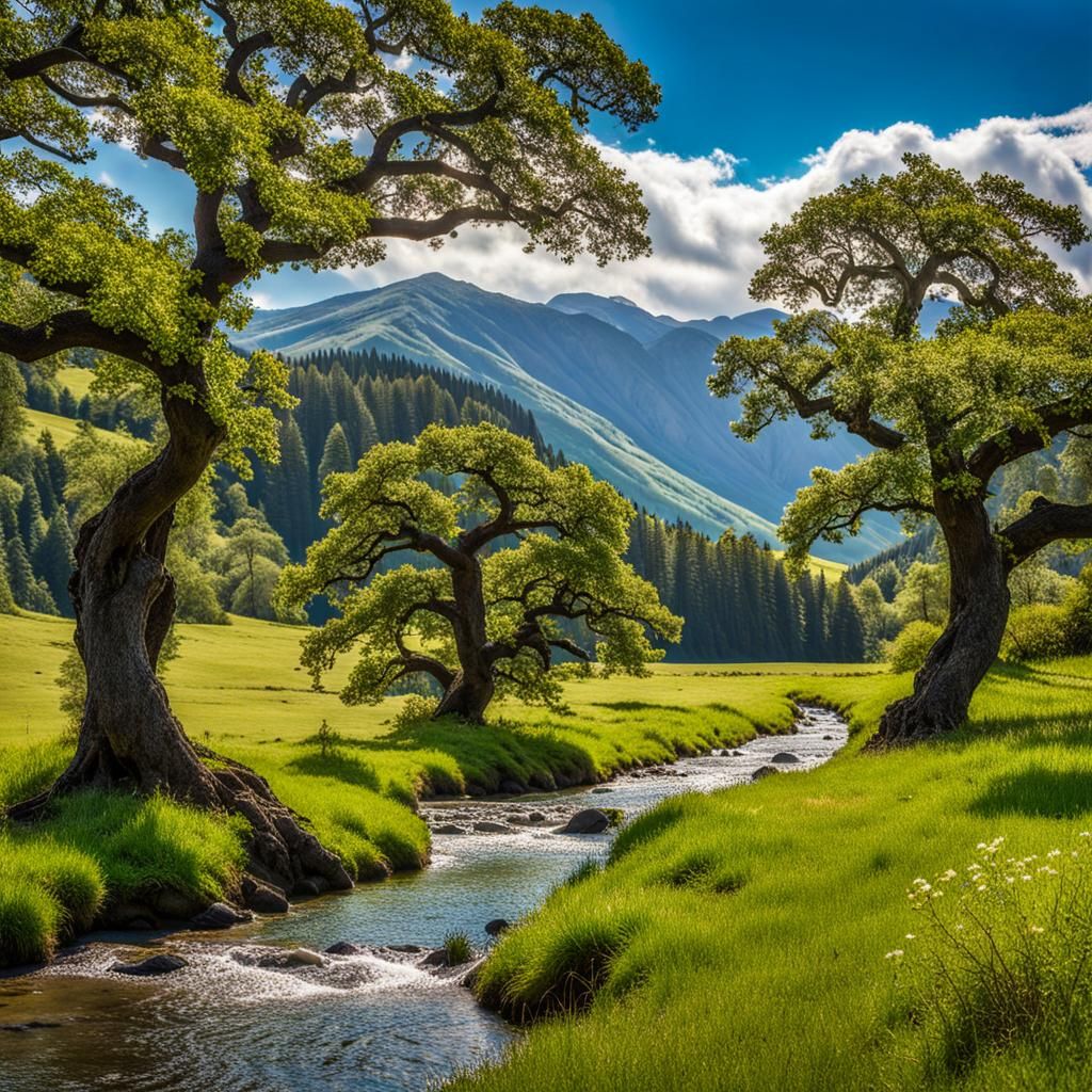 Oak Trees by Brook with Mountain Backdrop