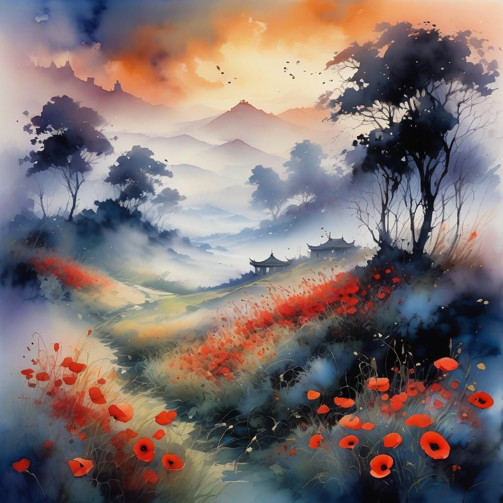 Ethereal Poppy Field with Artillery in Atmospheric Style