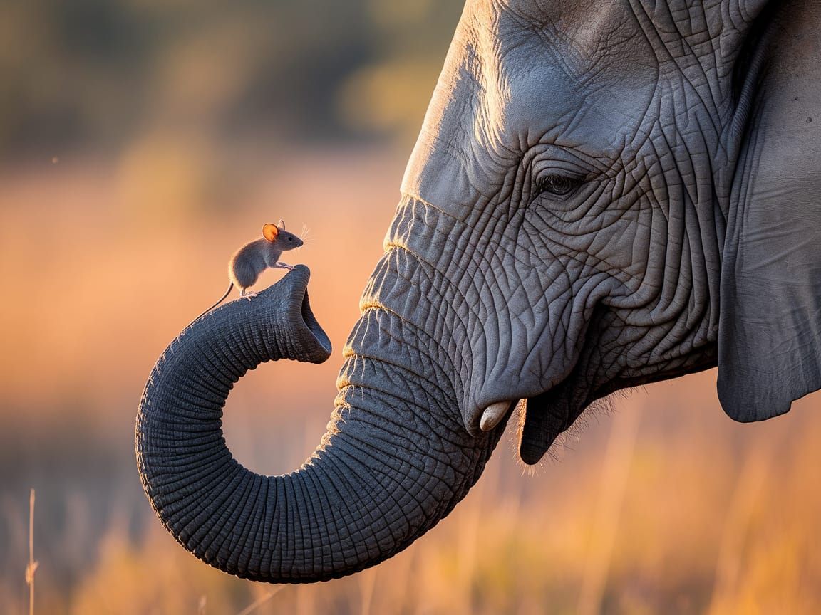 Tiny Mouse on Elephant Trunk at Sunset