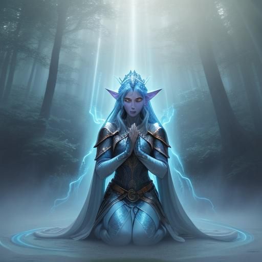 Knight Receives Goddess's Blessing in Misty Forest