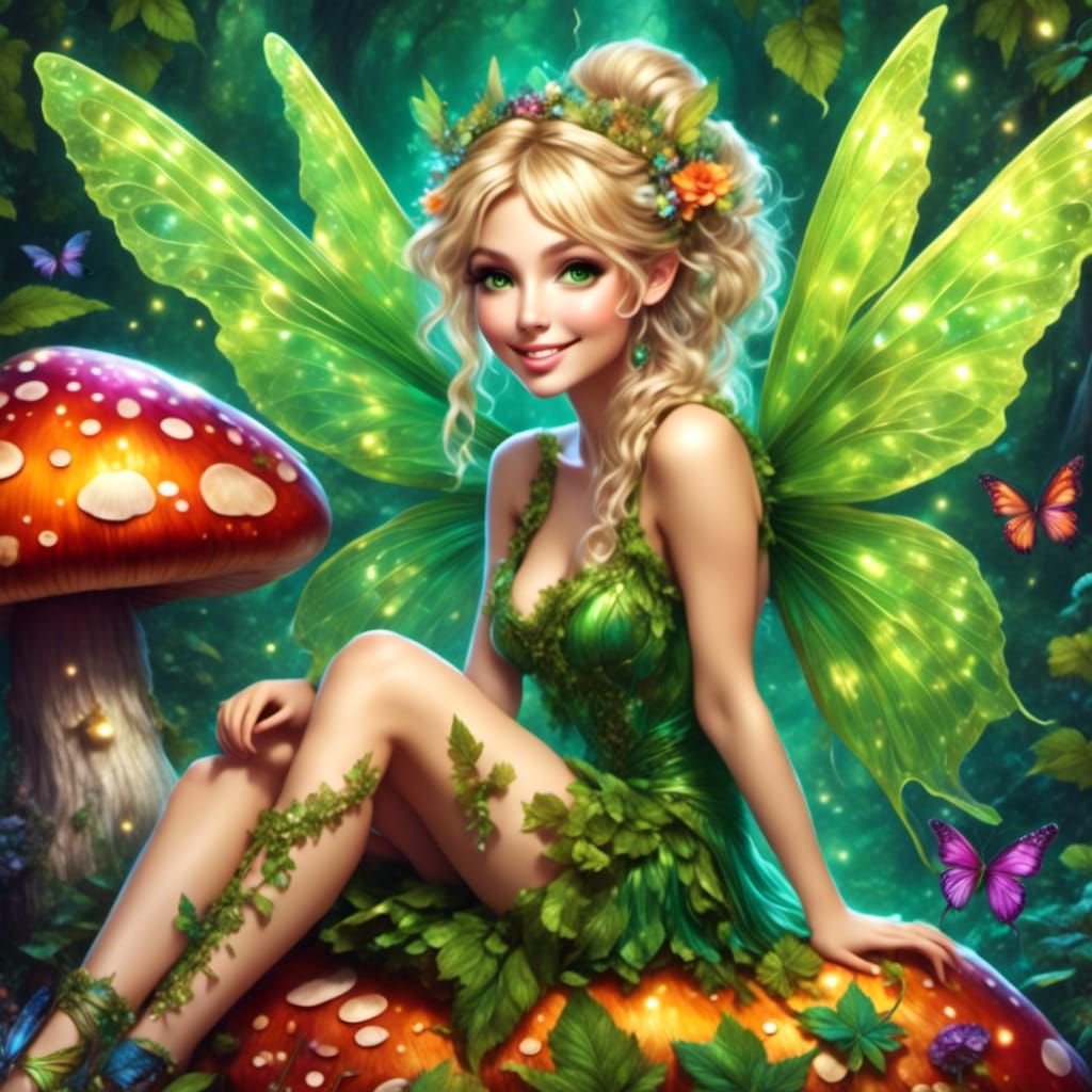 Beautiful Fairy on Mushroom in Fantasy Style