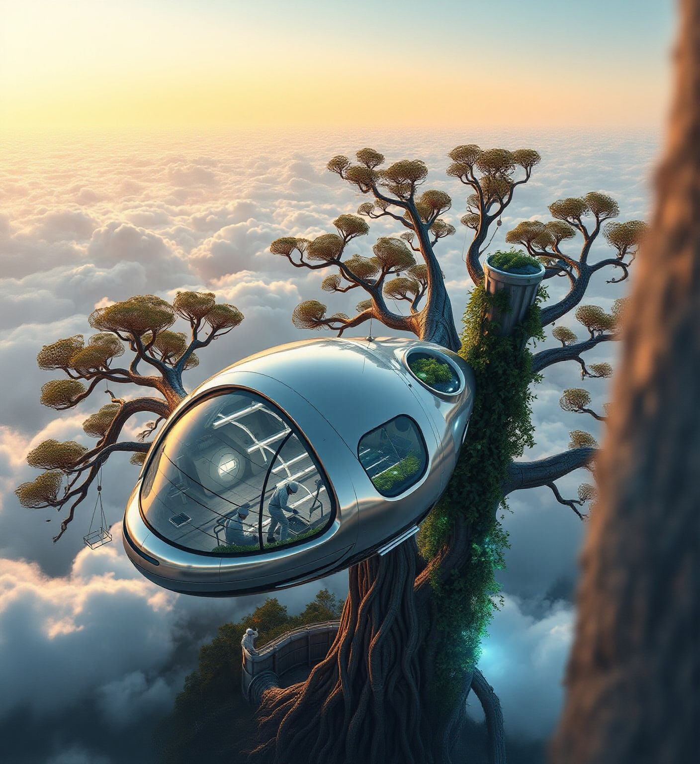 Sleek Futuristic Pod Home Suspended Above Clouds
