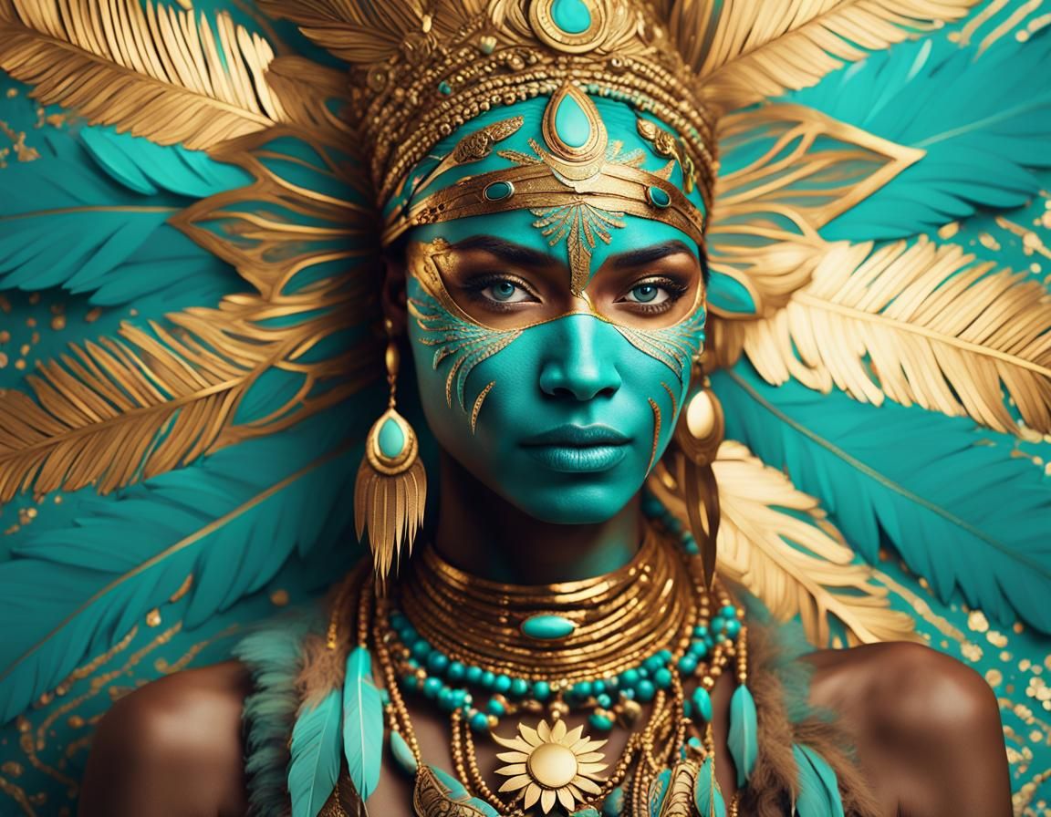 Turquoise Face Paint Portrait in Bohemian Tribal Art Style