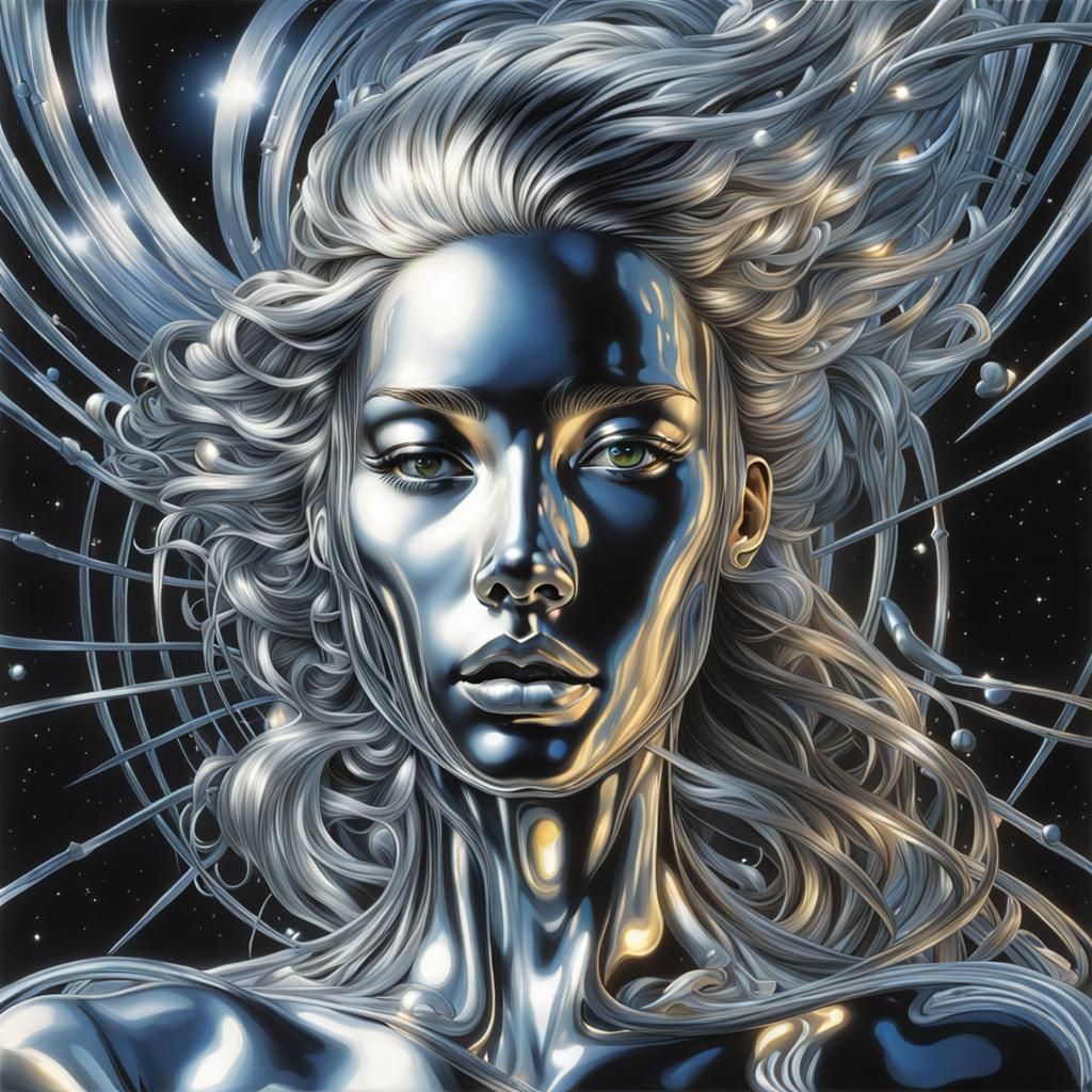 Silver Woman Emerges From Wormhole in Sorayama Style