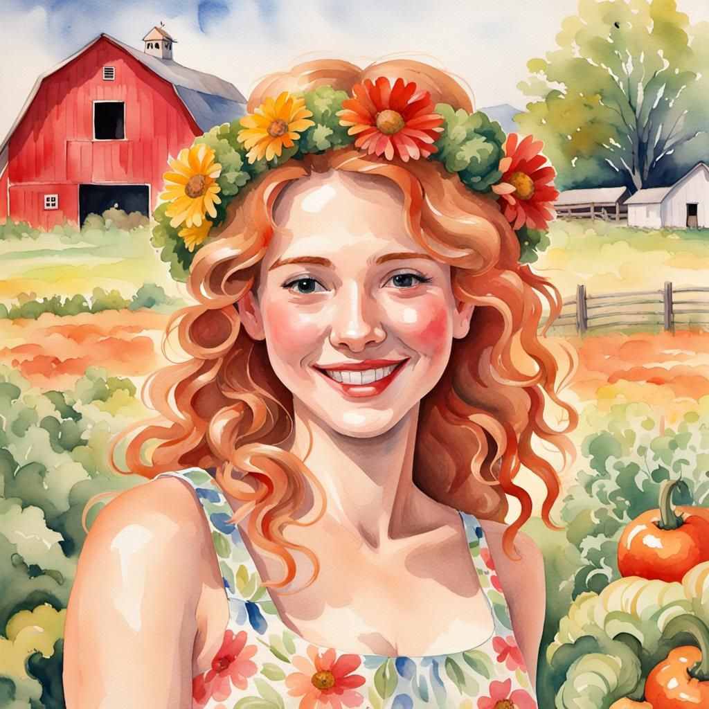 Happy Woman on Farm: Vibrant Watercolor Painting