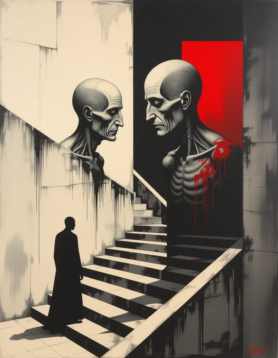 Dual-Faced Figure Navigating Brutalist Maze in Dark Style