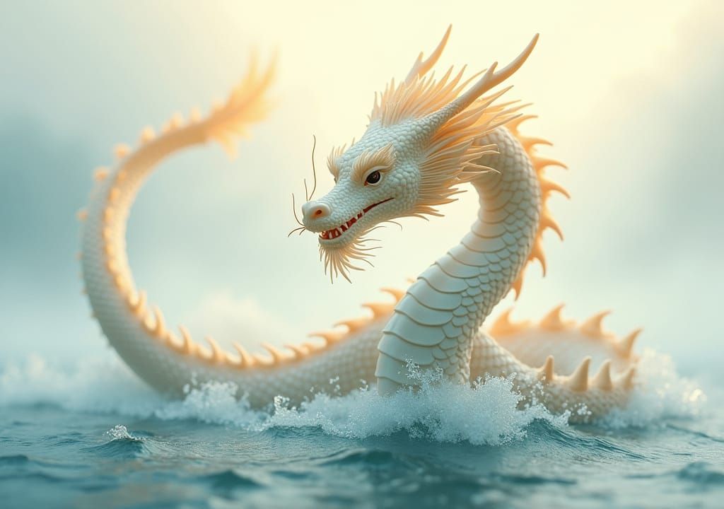 Serpentine Dragon Emerges from Yellow River in Watercolor