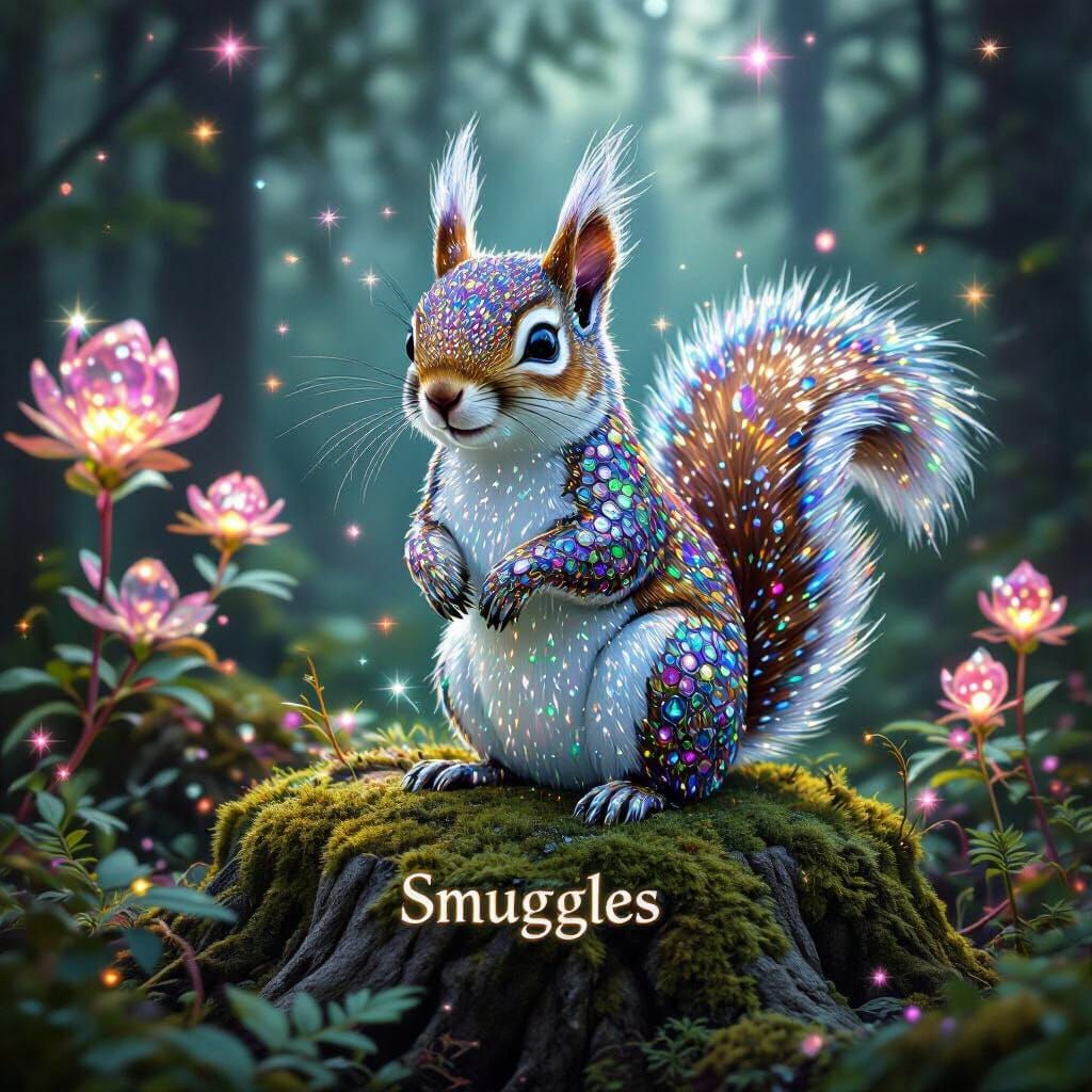 Diamond Squirrel in Enchanted Forest with Crystalline Fur