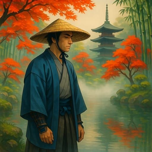 Contemplative Samurai in Misty Japanese Garden
