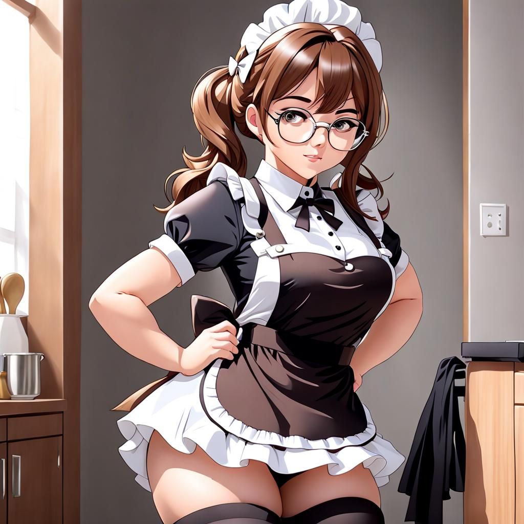 Maid Uniform Character with Brown Hair and Glasses