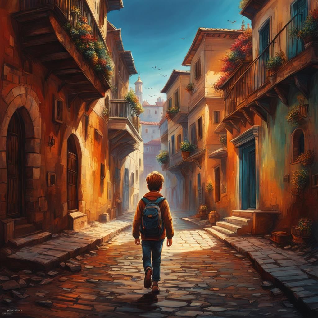 Boy Walks Through Ancient City: Hyperrealistic Splash Art