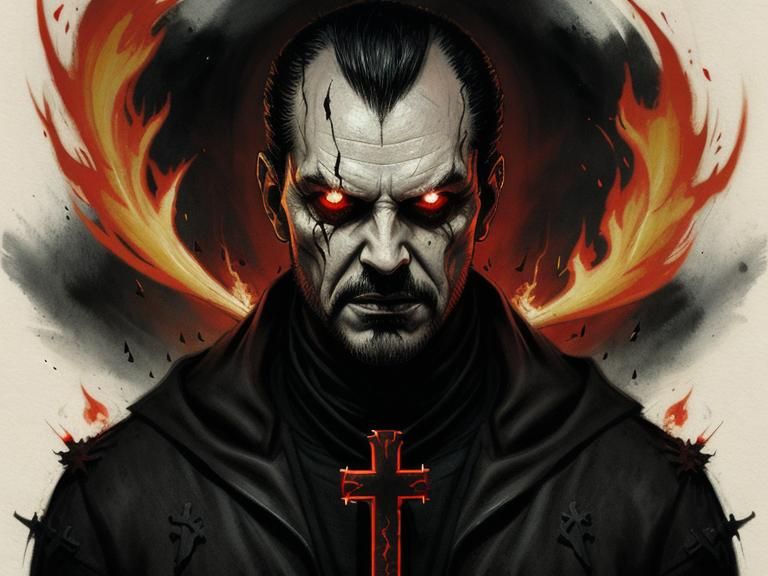 Fiery Inverted Cross with Devil: Sinister Art