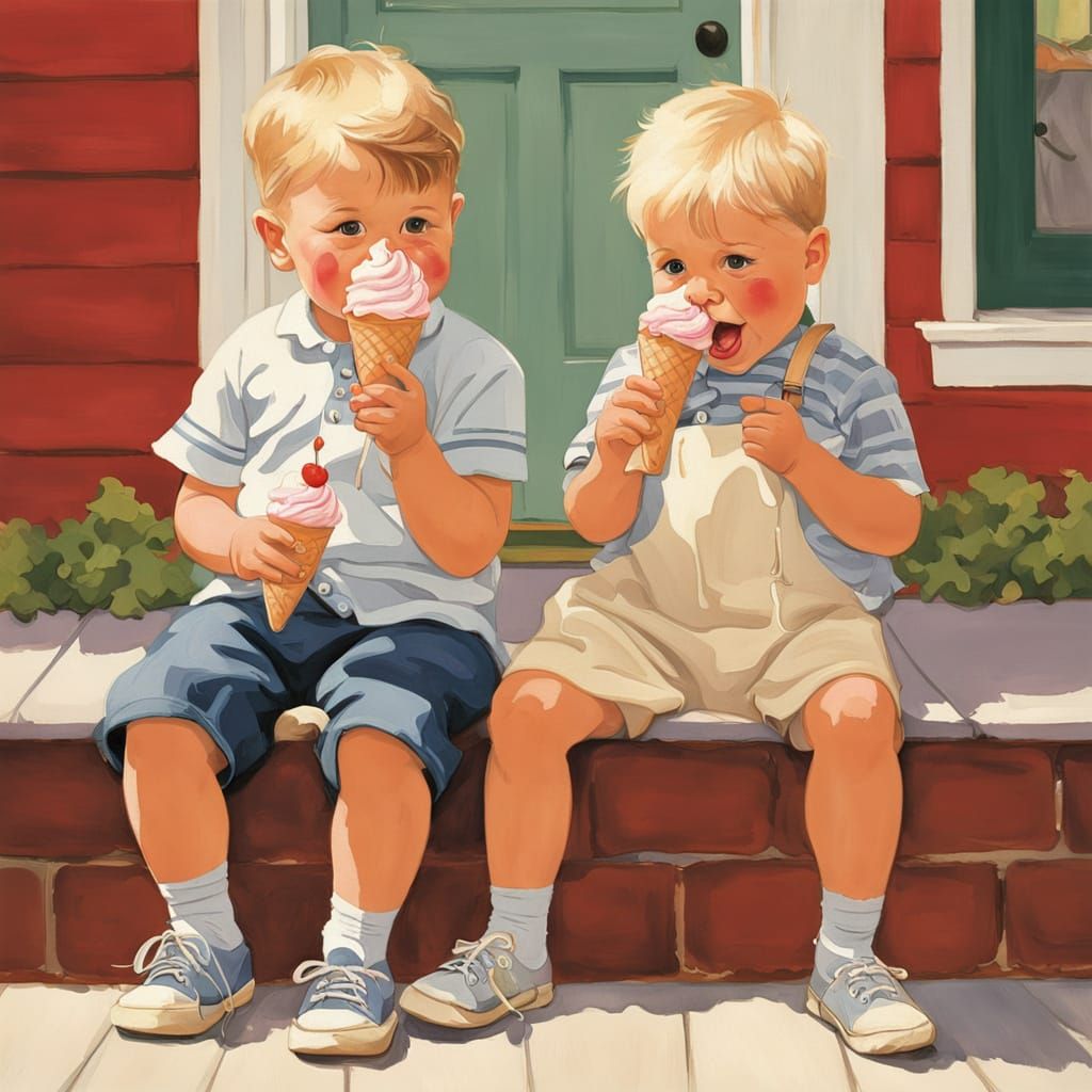 Child and Pup Sharing Ice Cream, Rockwell Style