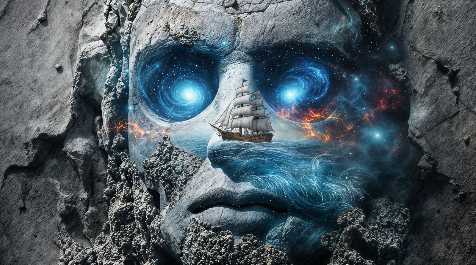 Surreal Double Exposure of Forgotten Sea God in Cosmic Deep