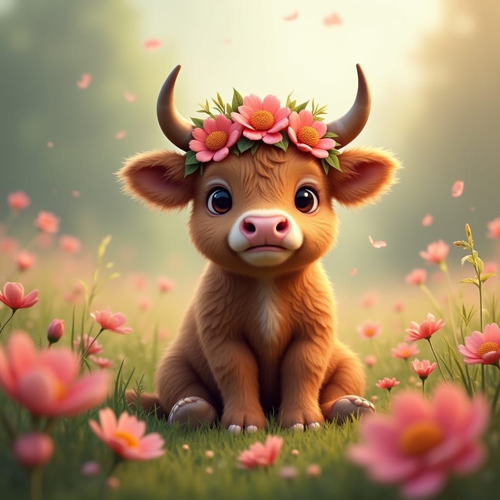 Highland Calf in Flowers: Fantasy Concept Art