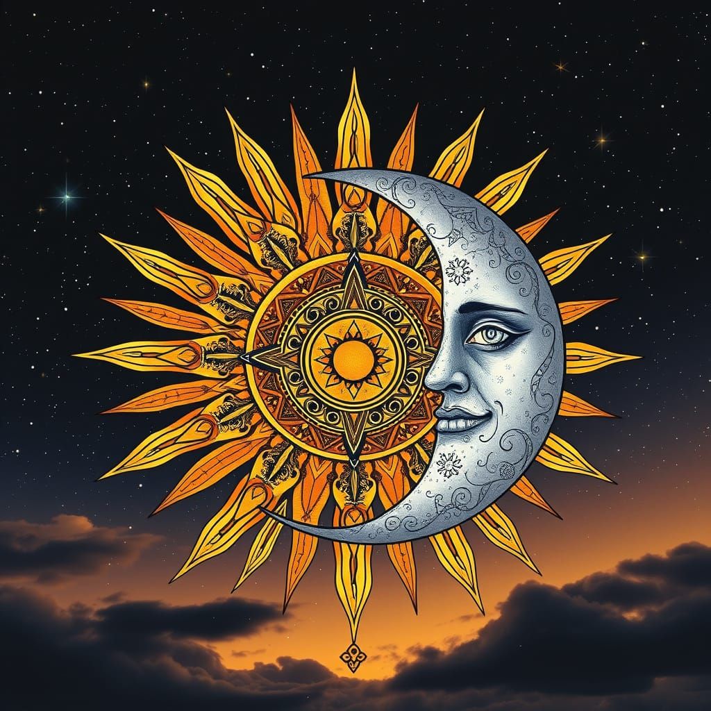 Boho Sun and Moon in Art Nouveau Style