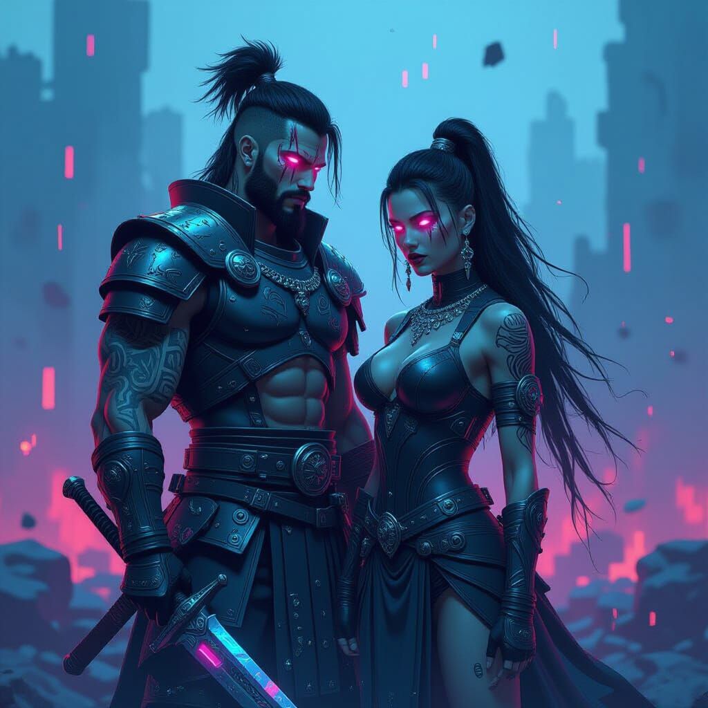 Cyberpunk Warrior Queen Amidst Digital Decay