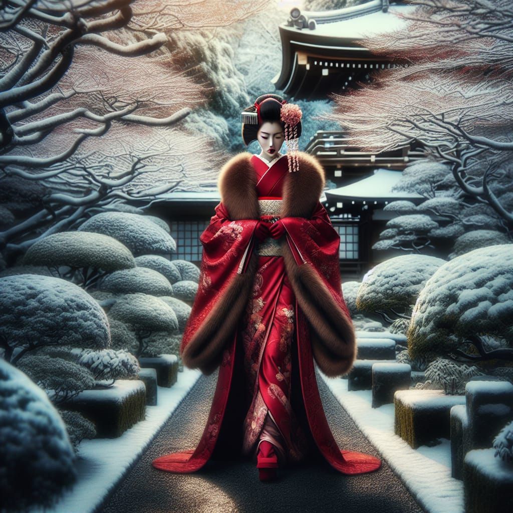 Geisha in Red Kimono Walking in Winter Garden