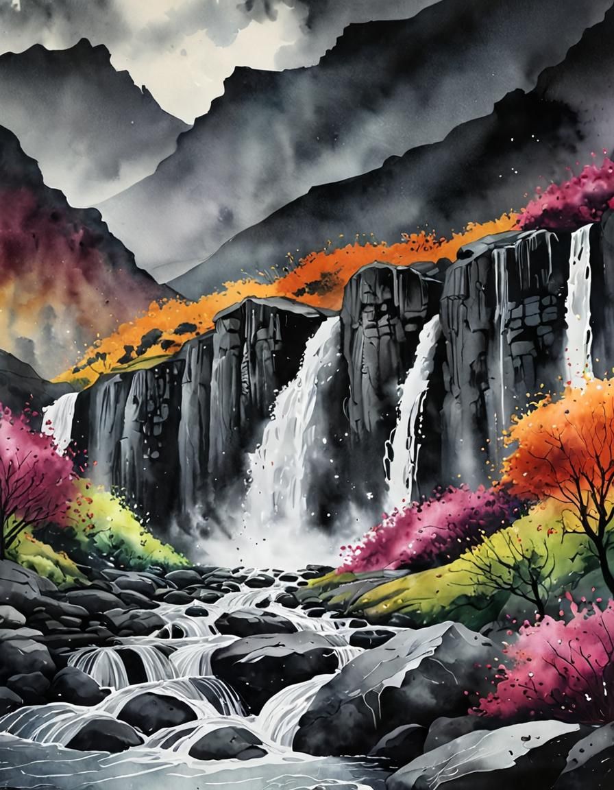 Mountain Waterfall in Watercolour with Silver Ink