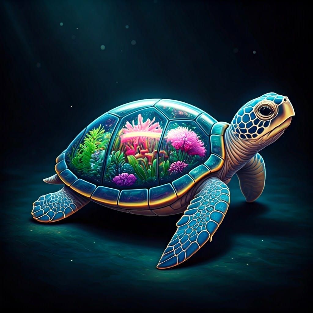 Crystal Turtle Sculpture with Bioluminescent Plants