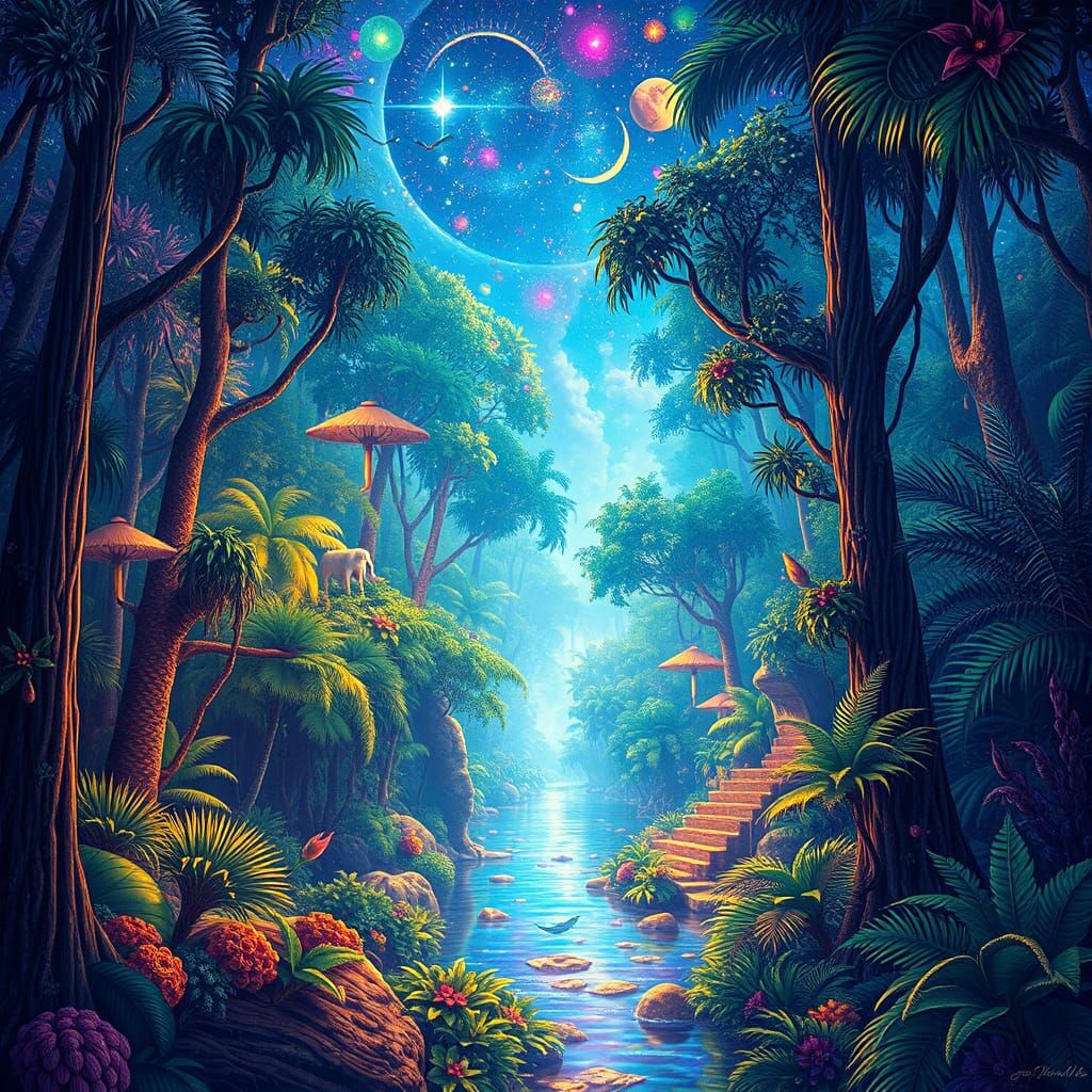Vibrant Amazonian Dreamscapes in Cosmic Illustration Style