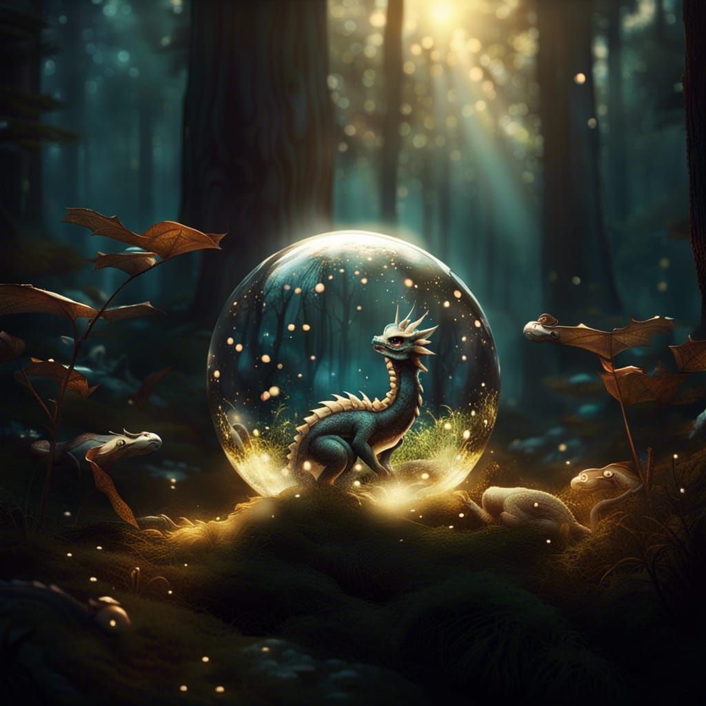 Glass Spheres in Fantasy Forest with Baby Dragon