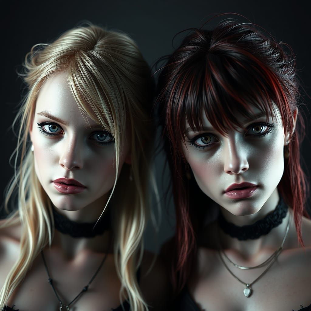 Gothic Portrait of Twin Sisters in 3D Cinematic Style