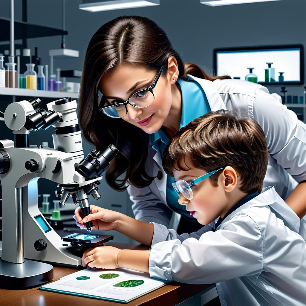 Happy Biologist and Son Researching in Laboratory