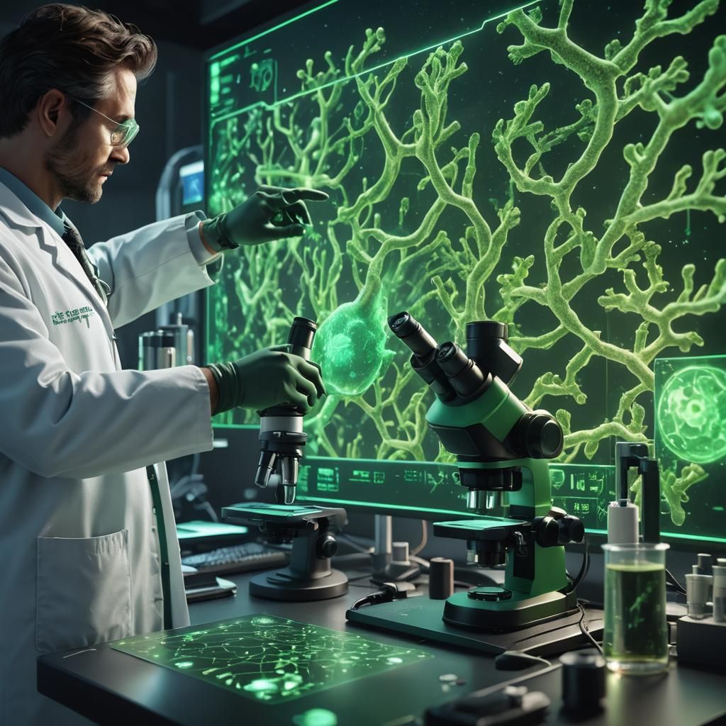 Doctor Analyzes Fluorescent Microbe Under Digital Microscope