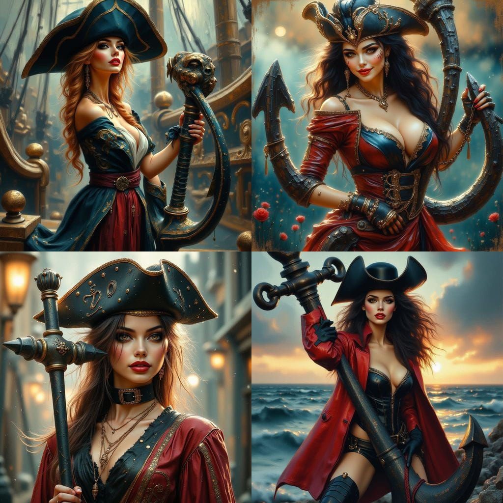Pirate Captain Woman with Giant Anchor in Pin-Up Style
