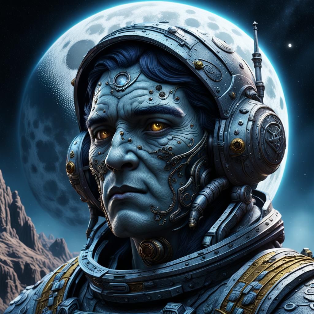 Fantastical Face Reaching to the Moon: Detailed Matte Painti...