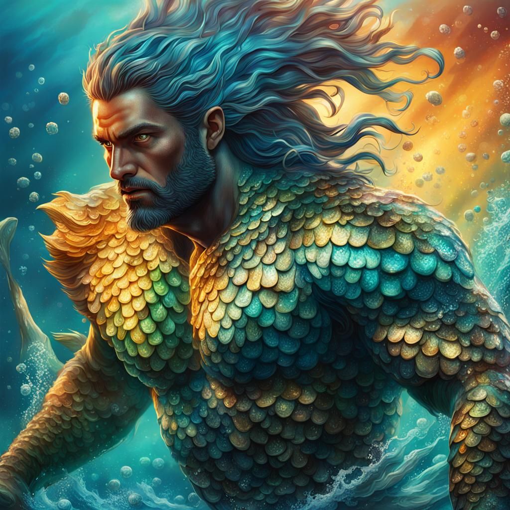 Mythical Merman Warrior in Hyperrealistic Style