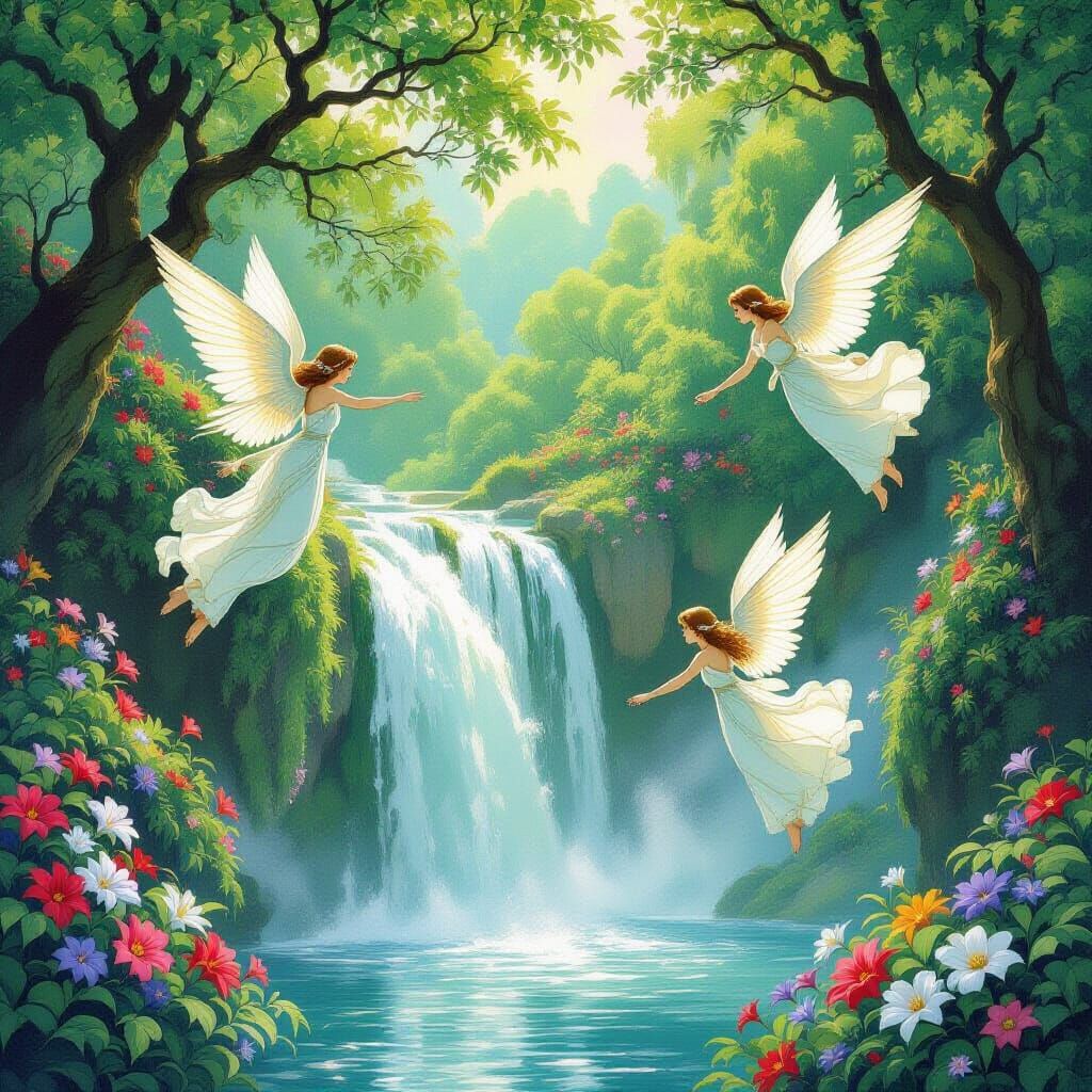 Painting of a beautiful waterfall with water angels flying a...