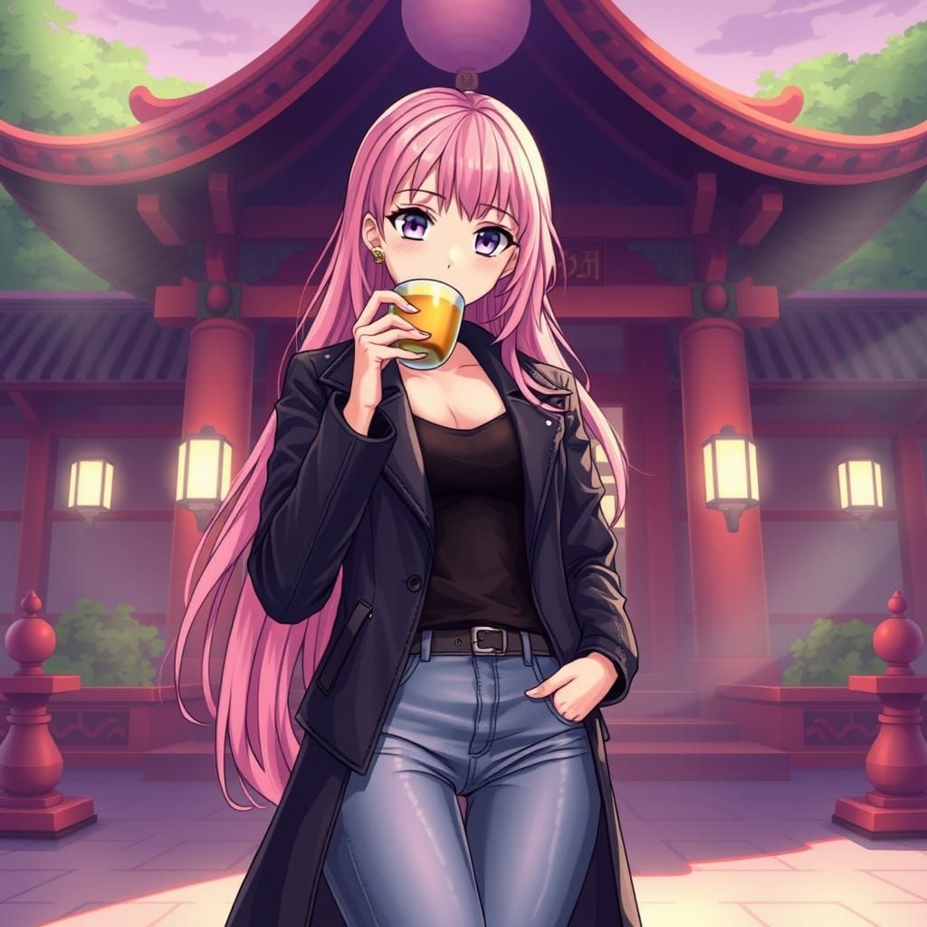 Anime-Inspired Goddess Sips Tea in Temple