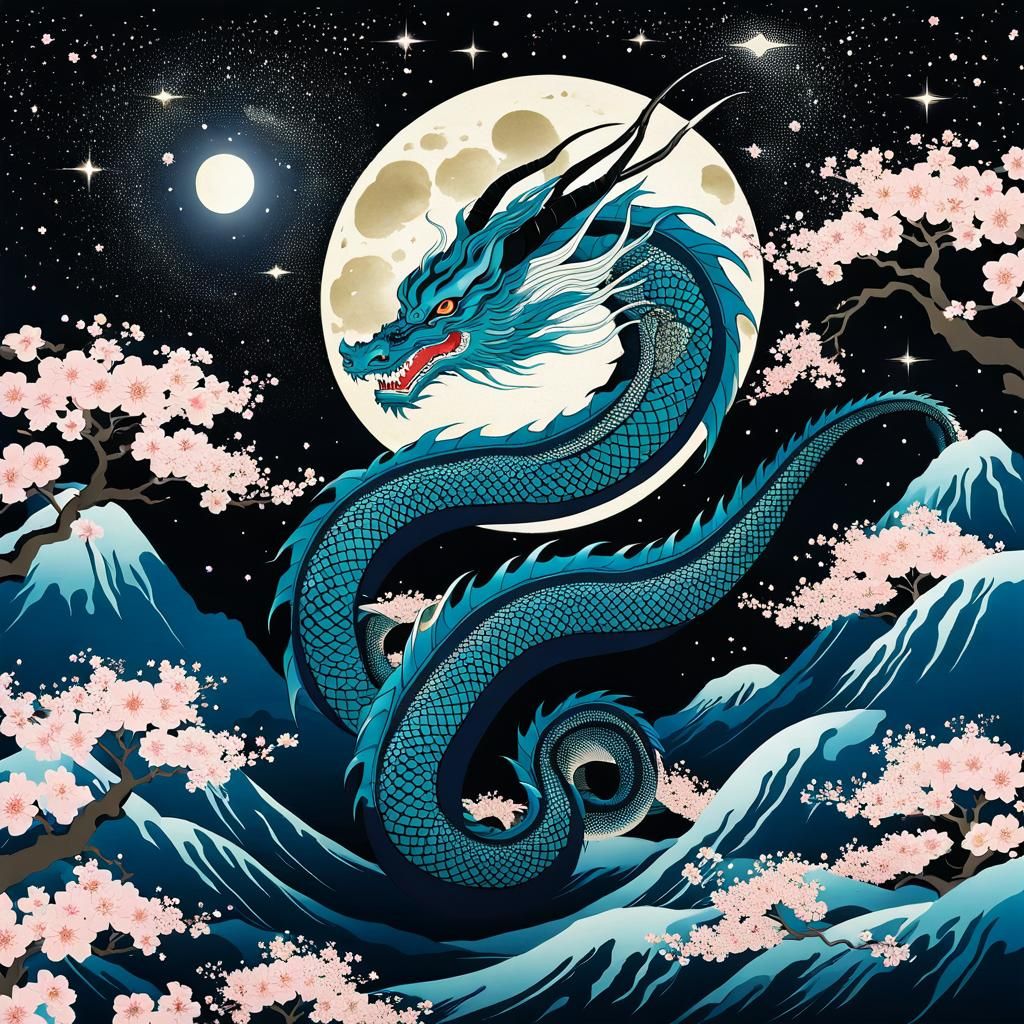 Ukiyo-e Dragon in Milky Way with Sakura