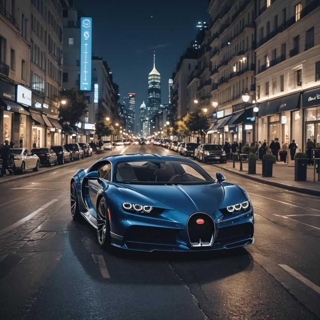 Blue Bugatti Chiron Front View at Night