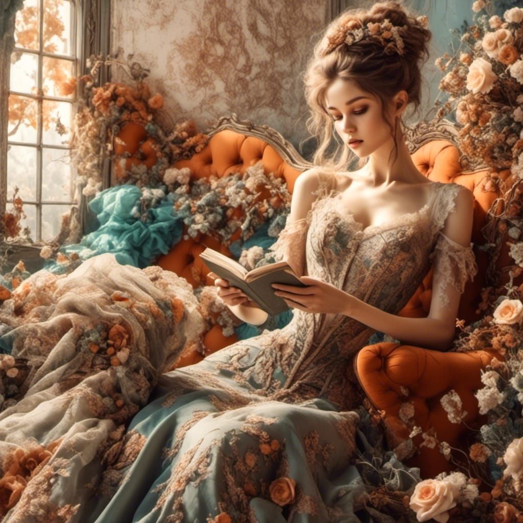 Victorian Vixen Lounging in Library, Chalk Art Style