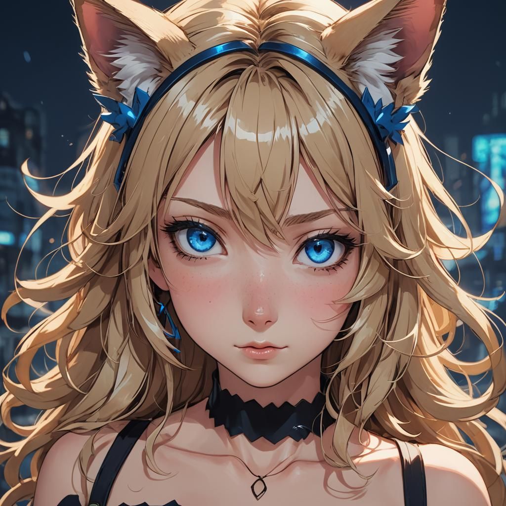 Anime Girl with Cat Ears in Cel-Shaded Style