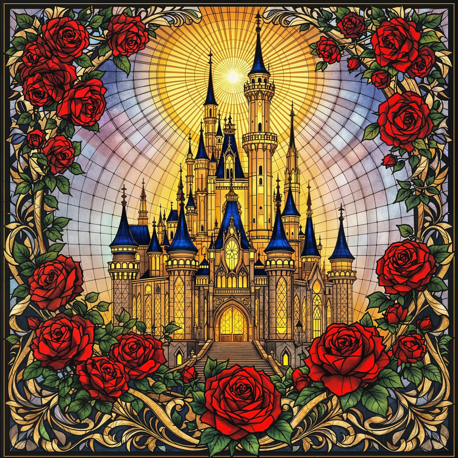Enchanted Rose Castle in Vibrant Stained Glass