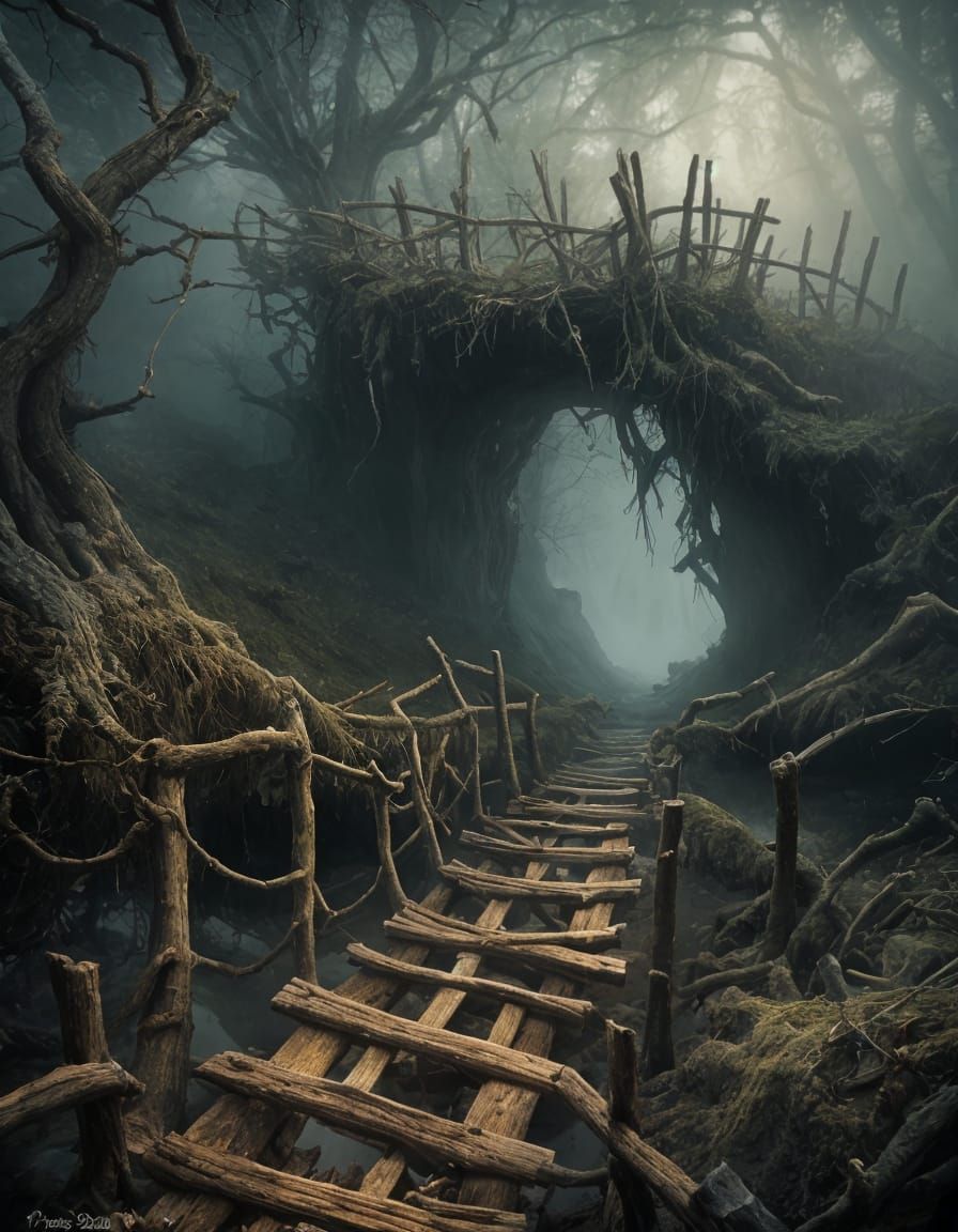 Ominous Forest Bridge in Volumetric Lighting